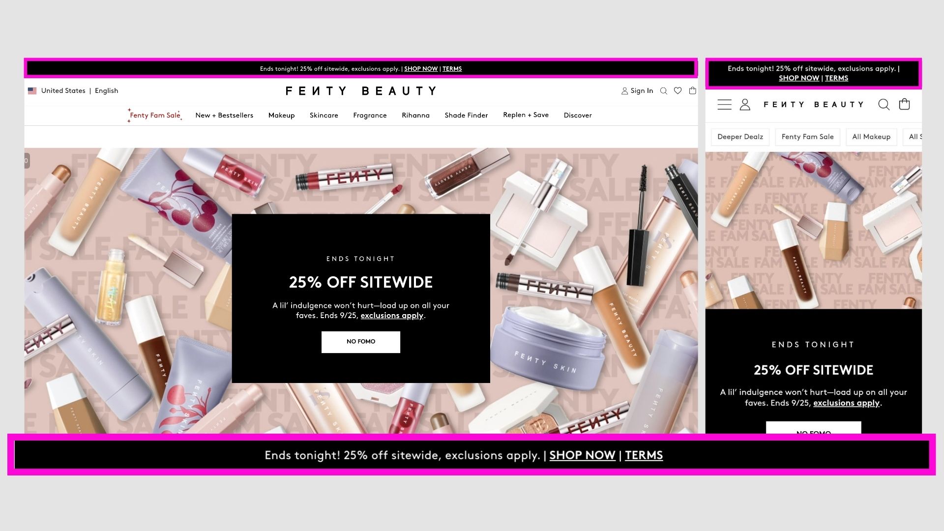 Fenty Beauty announcement bar